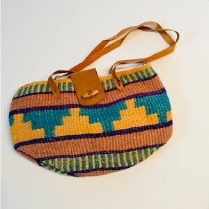 BOHO Bag Woven Jute Leather Wood Aztec Multi Colour Handcrafted NEW 16x10x11